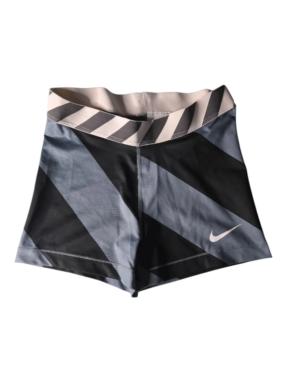 Nike Women's Black and Gray Diagonal Stripe Athletic Shorts
